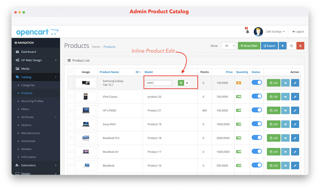inline product edit on admin product catalog opencart